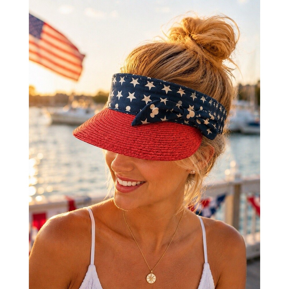 Disney Parks Visor Hat Adult Blue Mickey Red White Stars‎ Straw Patriotic USA